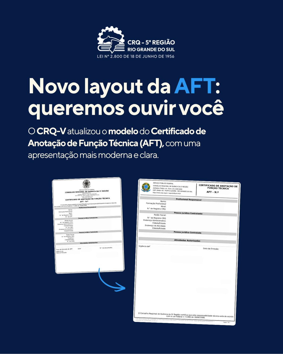 Avalie o novo layout da nossa AFT